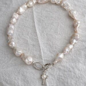 Baroque Pearl Cross Necklace – Detachable Pendant, Large Statement Pearls